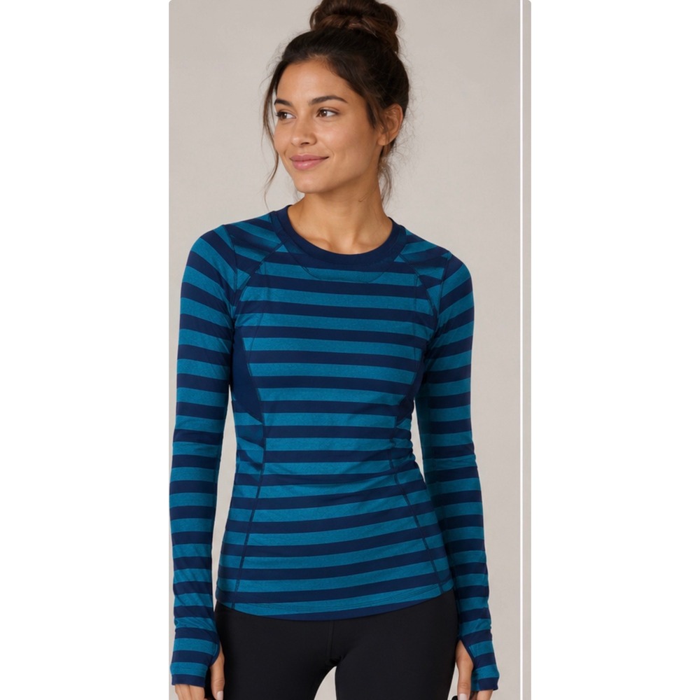 Lululemon Teal‎ Navy Striped Long Sleeve Running Top Thumbholes Womens
